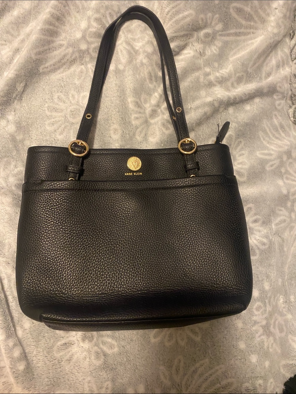 Anne Klein Black Pebbled Leather Shoulder Bag with Gold Accents
